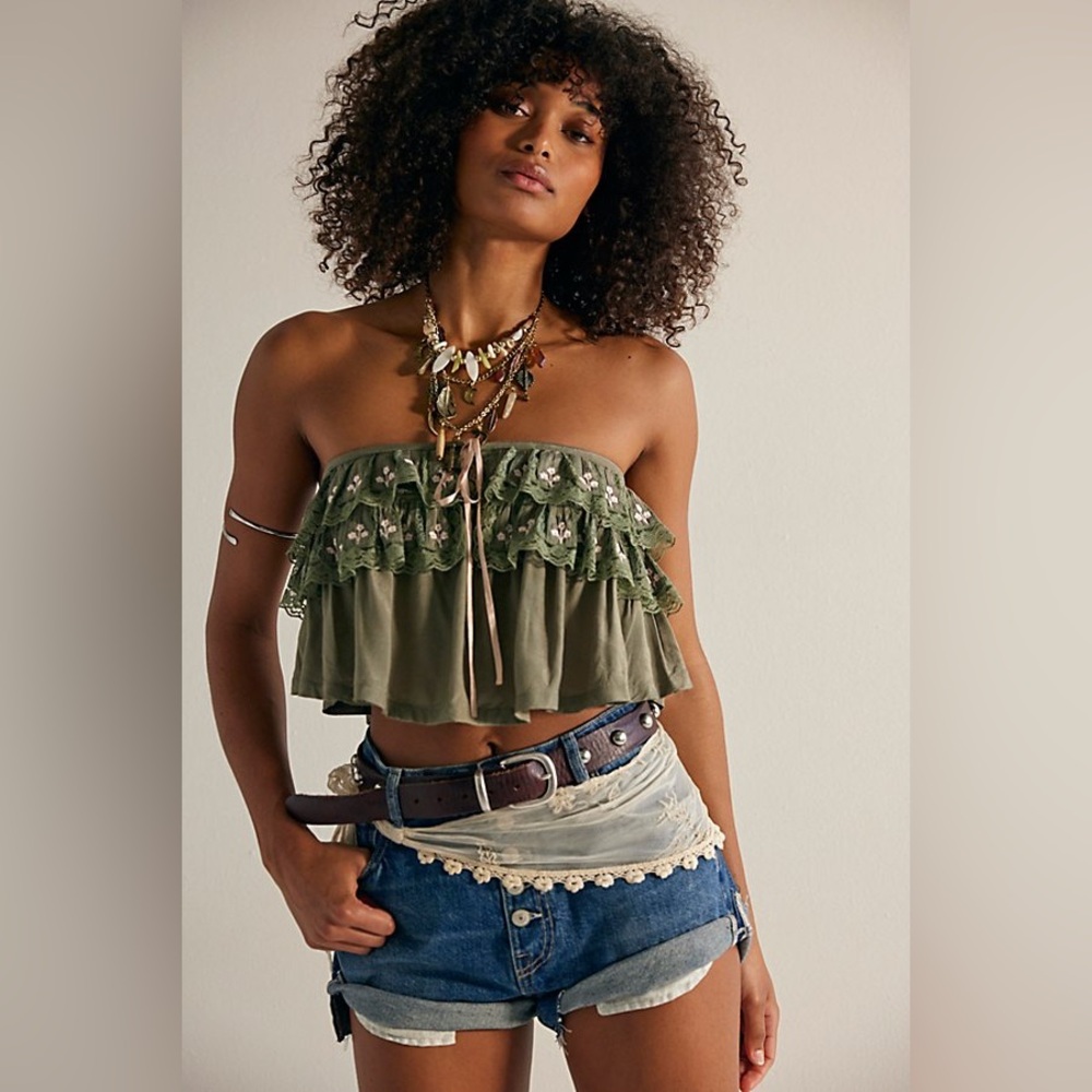 New Free People Seagrass Green Tailia Embroidered Tube Top Shirt Blouse sz L